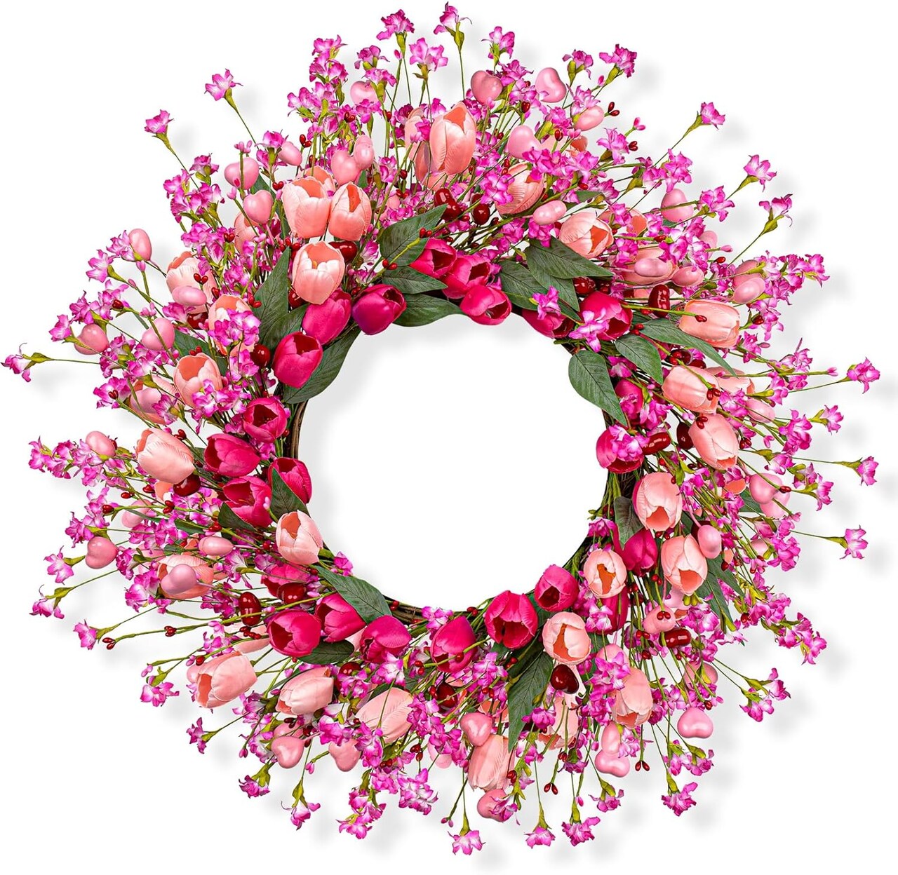 22" Pink Tulip Valentine’s Day Wreath with Red Hearts & Berries – Romantic Front Door, Wall, Wedding & Anniversary Decor